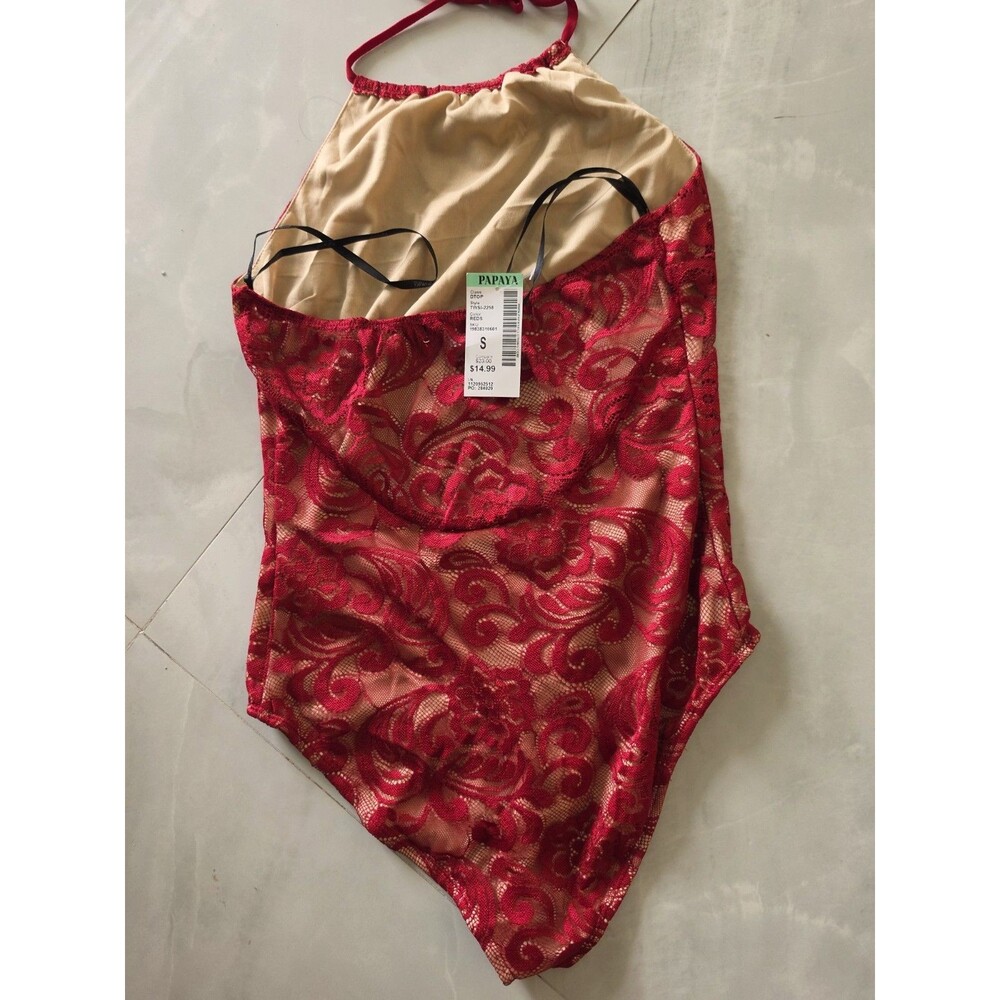NWT Red Floral Lace Bodysuit Teddy with Nude Lining and Strappy Back Papaya Sz S - Picture 7 of 7